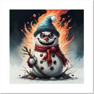 Scary snowman in fire Posters and Art